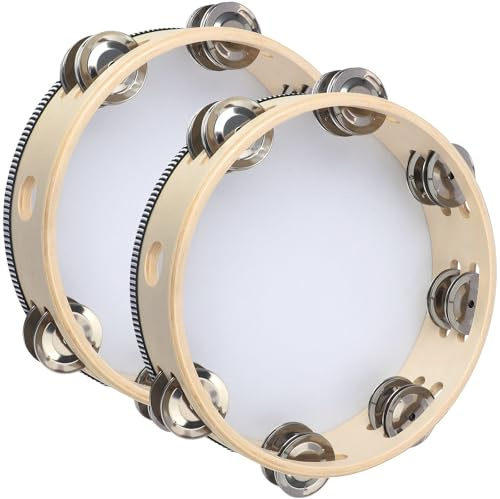 Abaigeal 2-pack tamburin för vuxna trä tamburin 20 cm handhållen tamburin metall bjällror dubbelradigt instrument handhållen tamburin trumma för kyrka, KTV, fest, musikinstrument (20 cm)