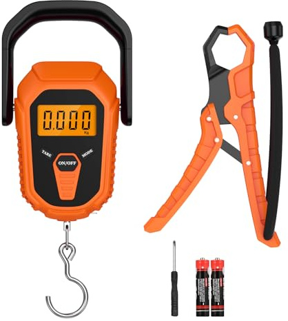 ORIA Bilancia da Pesca Digitale, 50kg/10g Bilancia Elettronica con Nastro di Misurazione, Display LCD Retroilluminato, Maniglia Grande, Bilancia per Bagagli Portatile, Batterie Incluse - Arancia