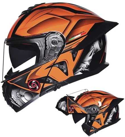 ZXJDP Hochklappbarer modularer Motorradhelm für Männer und Frauen, DOT/ECE Doppelvisier Integralhelm, Cooler Ganzjahreshelm mit Heckflügel für Straßenmotorräder,Roller,Mopeds,Jets,Orange,M