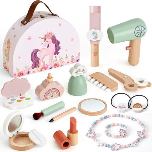 Atoylink Mallette de maquillage en bois pour enfants - Pour fille - Licorne - Kit de maquillage pour enfants - Jouet en bois - Cadeau pour filles à partir de 3, 4, 5, 6, 7 ans