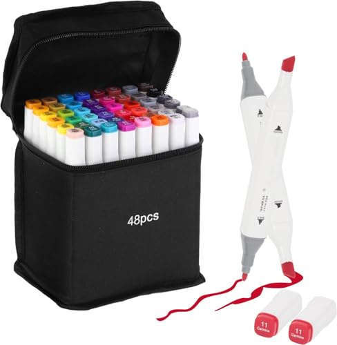 48 Colour Alcohol Markers Set: Dual Tip Permanent Alcohol Based Marker Pens | Colouring Drawing Graphic Sketch Manga Graffiti Art Double Ended Coloured Paint Twin Markers Pen for Adults Kids Artist Anime