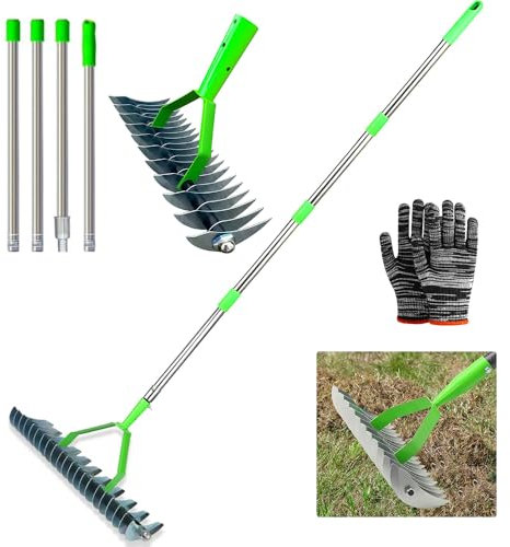 Escarificador Cesped Manual con Mango 170 cm, Escarificador Cesped Rastrillo, Rastrillo Aireador, para Limpiar Césped Muerto Y Reparar Jardines