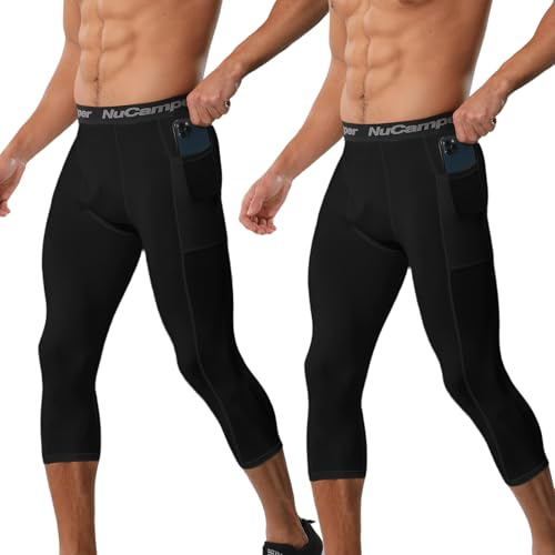 NuCamper 3/4 Kompressionsbyxor För Män, Fickor Atletisk Tights, Herr Löparbyxor Långa, Fitness Leggings, Snabbtorkande, Funktionella, Termisk, För Träning Löpning Fitness Jogging Sporter Gym Basket