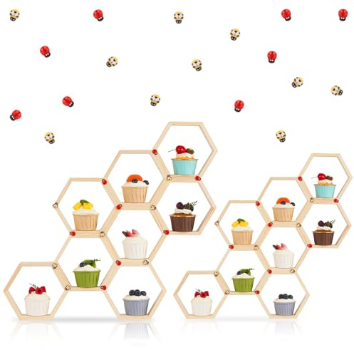 Set di 16 supporti per cupcake a nido d'ape in legno, 30 adorabili api e 10 coccinelle, impilabili, torre da dessert per torte a tema api, baby shower, feste di compleanno, matrimoni rustici