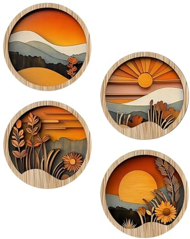Arte De Pared Boho Para Salón,Decoración Moderna Bohemia Para Pared | 4 Marcos Redondos De Madera 20x20cm Arte Geométrico Para Pasillo Repisa Ventana Chimenea Porche Y Terraza