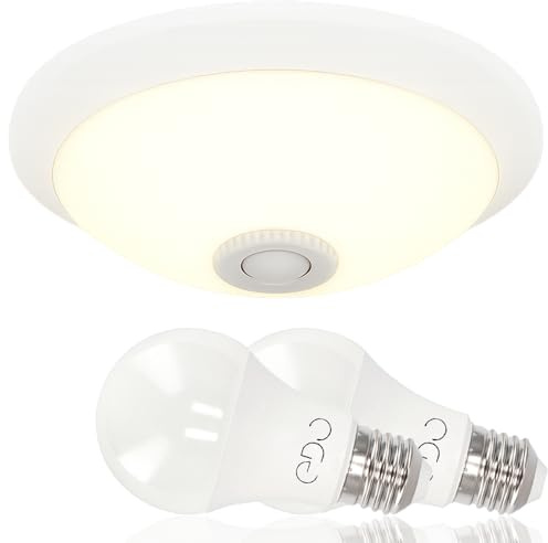 Plafondlampa Ø300 mm Vit 2×E27 med Rörelsesensor PIR 360° och Skymningssensor IP20 - Taklampa med 2x LED-Lampa 11W E27 Neutral Vit 4000K - Plafond för Korridor, Garage, Trappa - Horoz Electric