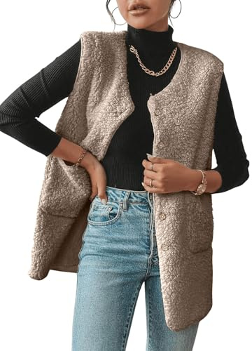 CheChury Veste sans Manches Femme Gilet Allongé Léger Gilet en Polaire Douce Hiver Chaude Epaisse Teddy Vest Automne Décontracté Manteau avec Boutons Poches,kaki,XXL