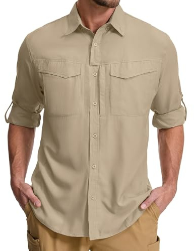 Asfixiado Camisa de Hombre Safari UPF50+ Protección UV Manga Larga Camiseta de Senderismo para Hombre Funcional Camisa para Exteriores Transpirable de Secado Rápido, caqui, S