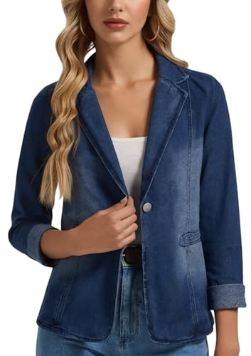 Ellunis Women’s Denim Blazer Jacket Notched Lapel Long Sleeve Casual Office Denim Jacket