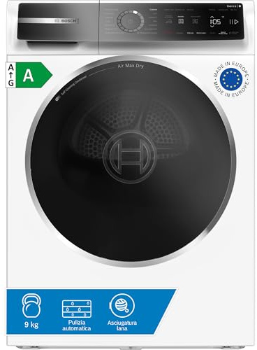 Bosch WRB247C0IT Serie 8 Asciugatrice smart a pompa di calore, 9 kg, Classe energetica A, Condensatore autopulente, Sensori di asciugatura intelligenti, Riduce le pieghe, Bianco, 60 Cm