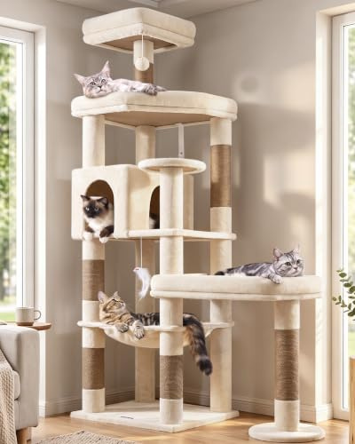 Globlazer S65 stabilt klösträd beige för 2–4 stora katter Maine Coon 165 cm | Robust katträd med 2 stora plattformar, extra stor hängmatta, katthus, lätt att montera med stöd för tunga katter