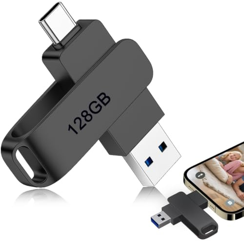 Memoria USB C 128 GB, Memoria USB Dual Giratoria con USB-A y USB-C, Unidad Flash hasta 100 MB/s, Aleación de Zinc, Plug and Play, Diseño Llavero Portátil, Negro