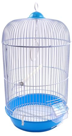 Jaula Alta Redonda para Canarios y Aves Pequeñas 53 cm Estructura Metálica con Base de Plástico Bandeja Extraíble Comedero y Percha (Azul)