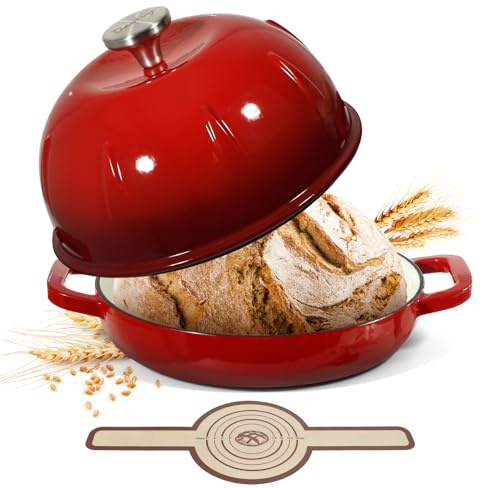 Davivy Forno olandese in ghisa smaltata per pane a lievitazione naturale, pentola olandese con coperchio a cupola – con fionda per il pane, rosso ciliegia