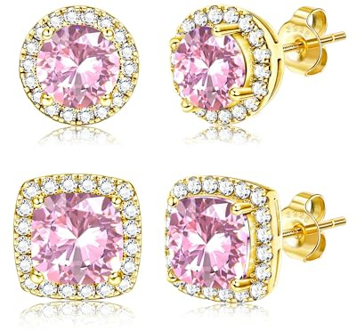 Dochais Cubic Zirconia Studs Earrings for Women Men Hypoallergenic | Mens Earrings Diamond Diamante 925 Sterling Silver Earring Stud Large Round Square Brilliant 14K Gold Plated Earring 2 Pairs