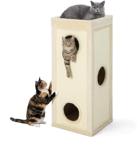GOPLUS Tonneau à Gratter pour Chat à 4 Niveaux, 40x40x100CM (Naturel) | Tour à Griffer en Sisal pour Chat, Bord en Peluche, 3 Cachettes, Plateforme de Couchage Supérieur avec Coussin Amovible