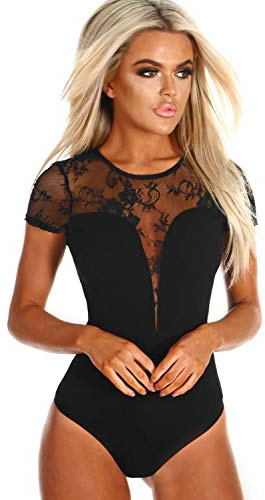 NBBNYJ Body Donna Elegante Vintage Estivi Manica Corta In Pizzo Nero Bodysuit Blusa Camicie Top Tuta Abbigliamento (Nero, M)