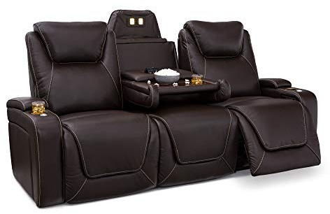 Seatcraft Colosseum Big & Tall Home Theater Seating - Living Room - Italian Leather - Power Recline, Headrests, and Lumbar - USB Charging -400 lb Capacity (Sofa with Fold Down Table, Brown)