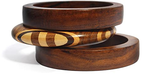 Pure Hands Handmade Wooden Bangle Set – Muse Glee Trio Studio – Sissoo & Saffron Teak Wood Handcrafted Inlaid Design Wax Polished Bohemian Jewelry for Women