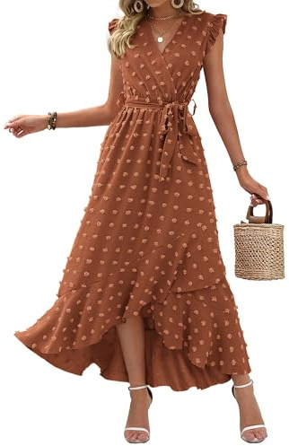 BTFBM Boho Dresses for Women 2026 Summer Fashion Cap Sleeve Swiss Dot Flowy Ruffle Beach Wedding Cocktail Maxi Dress(Orange Red, Medium)