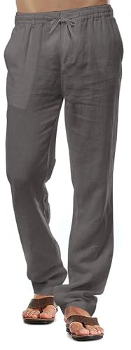 Pantalones de lino para hombre, pantalones casuales de algodón, pantalones de playa de verano, ligeros, con cordón, gris oscuro, L