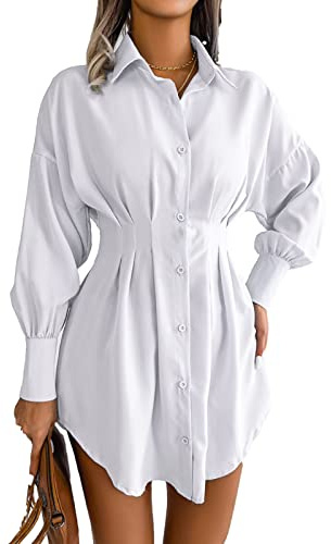 KIMISS Mini Robe Chemise Plissée Taille Cintrée Robe Chemise Blanche Asymétrique Manches en Fibre de Polyester Mini Col Revers boutonné Blanc S (M)