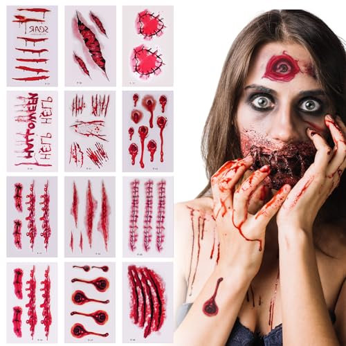 Halloween Tatuaggi Temporanei, 30 Fogli Trucchi Halloween, Cicatrici Finte, Tatuaggi Zombie Scar Tatuaggi Adesivi Horror Realistico Impermeabile 3D Trucco e Decorazioni per Festa (#2-30 Pezzi)