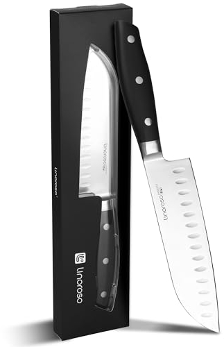 linoroso Couteau Santoku de 15cm - Couteau Asiatique Ultra Tranchant avec Boîte Cadeau - Couteau en Acier Inoxydable Allemand à Haute Teneur en Carbone avec Poignée Ergonomique pour la Maison et le
