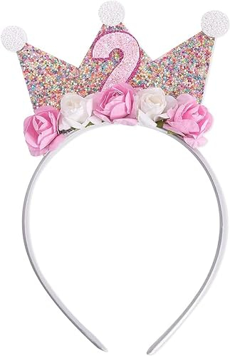 JIOLINK Corona Compleanno Bambina, 2 Anno Fascia Tiara Corona da principessa Cerchietto Corona Bambina con fiore di rosa artificiale Decorazioni per feste Compleanno, Carnevale (2)