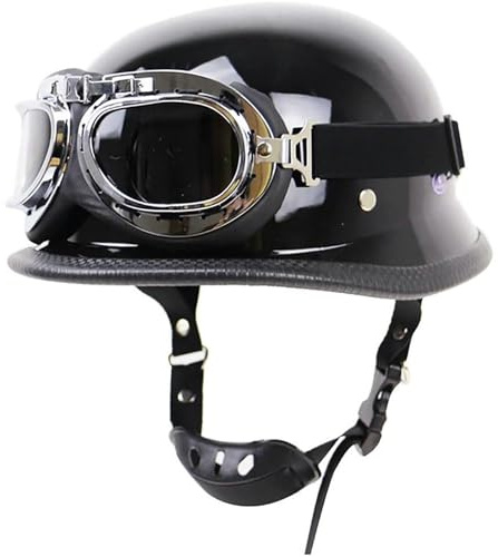 Medio Casco Casco Motocicleta Estilo Retro Alemán Casco Media Concha Casco Jet Vintage Aprobado por Dot ECE Hombres Mujeres Casco Ciclomotor Casco Scooter con Gafas (Color : Glossy Black, Size : L=(