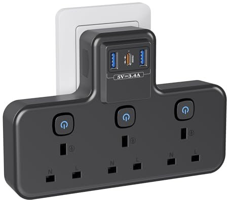 Multi Plug Extension Socket with PD20W USB C Slot, 3 Way Plug Adapter with Independent Switches 3 USB, PASSUS 13A 3250W UK Wall Adaptor Built-in Surge Protector for Home, Office, Kitchen