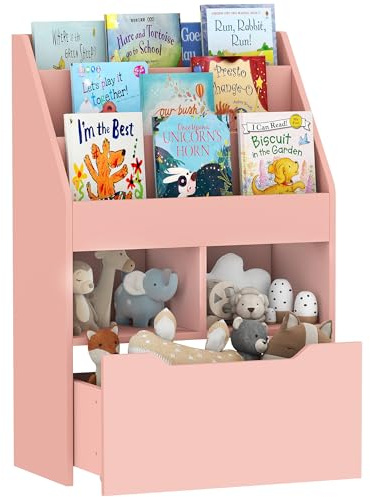 HOMCOM Kids Bookshelf with Storage Drawer, Children's Bookcase with Wheels, Toy Organiser for Bedroom, Playroom - Pink
