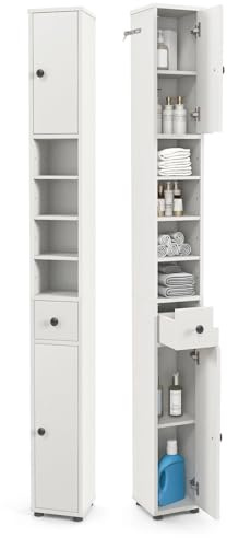LIFEZEAL Colonna Bagno Salvaspazio in Legno, Mobiletto Multiuso con 2 Ante e 1 Cassetto e 5 ripiani Regolabili, 20x20x180cm, Armadio Angolare da Terra con Dispositivo Anti-Ribaltamento (bianco)