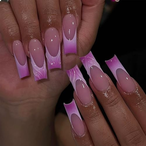 GlamRays Lange Press on Nails Quadratische Falsche Nägel Lila Pink Verlaufende French Tip Klebe Nägel 3D Wasserwelle Acrylnagel Design 24 Stück Squoval Falsche Nägel