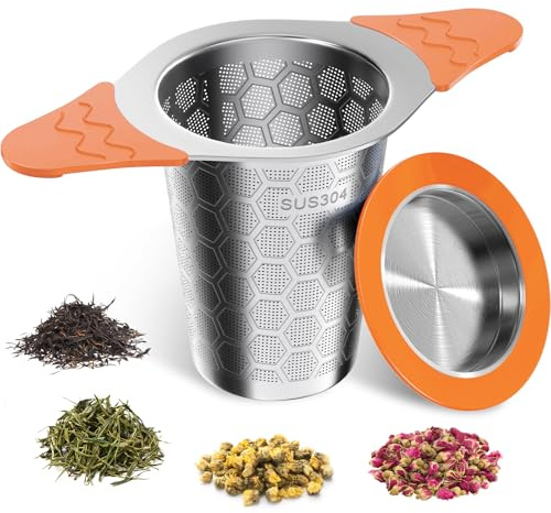 Tea Strainer for Loose Tea, 304 Stainless Steel Tea Infuser with Lid & Double Silicone Handles, Tea Filter Fine Mesh, Teapots, Cups, Tea Diffusers for Loose Tea - Orange