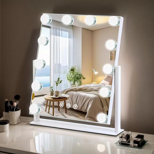 ZBOCAI Vanity Mirror with Lights, 13'' x 11'' Lighted Makeup Mirror for Desk, Hollywood Mirror with 12 Dimmable Bulbs, 3 Color Modes, Smart Touch Control, 360°Rotation, Gifts for Mothers Day