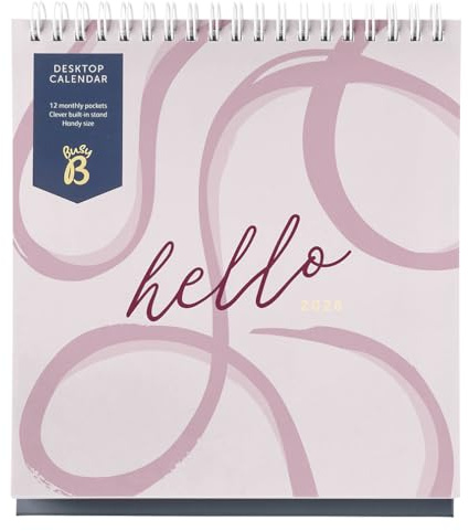 Busy B 2026 Desk Calendar – Jan to Dec, Pink Ribbon 2026 Calendar with Built-in Stand & Flip-Top Binding - Desk Calendar for Office or Home - Year Planner with Pockets for Organised Planning