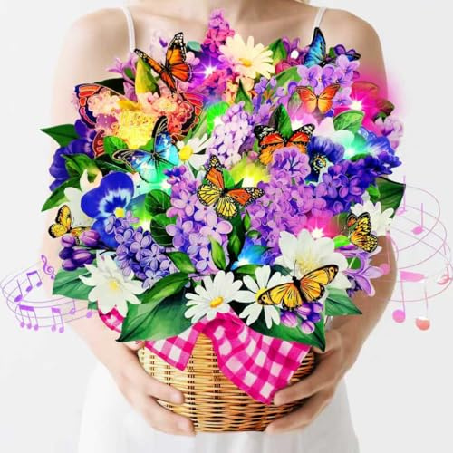 Geburtstagskarte für Frau, 3D Flieder & Schmetterlings Geburtstagskarte mit Musik und Licht, Pop-up Happy Birthday Singende Karte Geburtstag für Mädchen, Frauen, Mutter, Ehefrau, Tochter, Enkelin