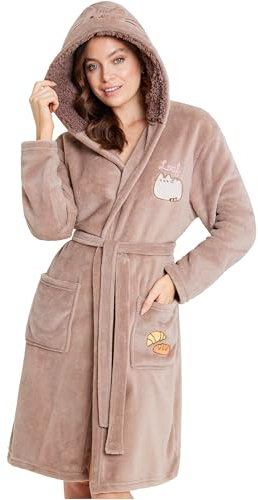 Get Trend Robe de Chambre Femme & Ado S-2XL, Peignoir Polaire Chaud, Capuche Sherpa Douce, Ceinture, Cadeau Cosy (2XL, Beige Pusheen)