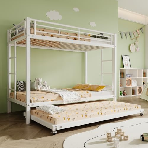 YEHTOKHOME Letto a castello 3 posti 90 x 190 in metallo con letto estraibile, convertibile in 3 letti singoli, scala antiscivolo, barriere di sicurezza, per adolescenti(senza materasso)(bianco, C)