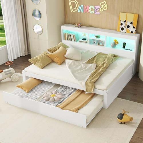 HaoChrymec Cama Nido Juvenil de Tablero de Partículas con LED y USB, Cama Día con Almacenaje Lateral y Cama Deslizante, Cama Funcional para Dormitorio y Apartamento, Blanco, 140 x 200 cm