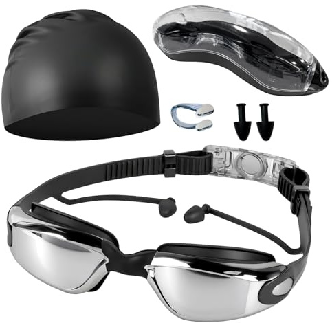 Joyance Lunettes de Natation Adultes en Silicone, Bouchons D'oreille Monobloc, WT1300 Argenté Lunettes Piscine Adulte, Haute Définition et Anti-buée pour Hommes et Femmes