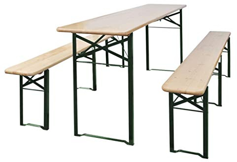 LoogCape Table de bière avec 2 bancs, table de jardin pliante, 220 cm, en bois de sapin chinois et cadre en métal, cadre vert foncé, pour terrasse, peu encombrant, pour le camping