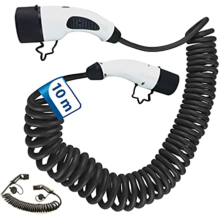 10m Spiral Ladekabel 1 Phasig 230V 7.2kW 32A Typ 2 zu Typ 2 für Wallbox Ladestation Wallbox24