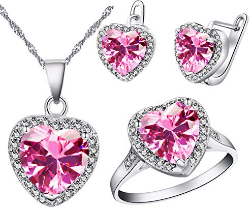 Uloveido Hjärthänge halsband örhängen och ringar set för flickor vitguldpläterade jubileumssmycken set för kvinnor T481, R1/2(59.5mm), Kristall, Kubisk zirkonia
