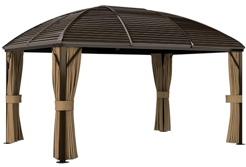 Outsunny Pavillon mit Hardtop, 4x3 m Wasserdicht Stabil Winterfest Gartenpavillon mit Moskitonetz, Haken, Seitenteile, Bogendach, Garten-Pavillon aus Aluminium, für Garten, Terrasse, Braun