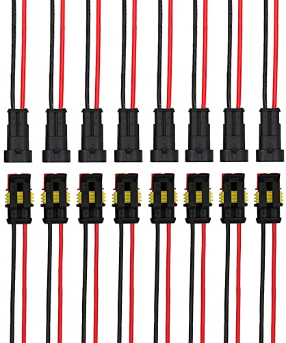 QitinDasen 8 Set 2 Pin Waterproof Car Electrical Connectors, Sealed Waterproof Electrical Connector Plug Socket Kit with 16 AWG Pre-Wired, for Car Truck Boat
