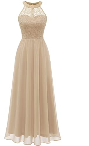 Wedtrend Damspetsklänning brudtärneklänning, lång aftonklänning i chiffong, fest, cocktailklänning, halterneck, sommarklänning, champagne, XS