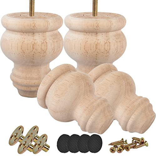 Btowin 3 x 7,6 cm obehandlade träben, 4 möbelben i massivt trä med 5/16 tums gängade upphängningsbultar, monteringsplatta och skruvar för soffsittsäck TV-skåp, Loveseat byrå