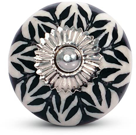 Mela Artisans 12-Pack Ceramic Kitchen Cabinet Knobs - Black & White Daffodil | Decorative Pull Handles for Dresser Drawers | Reversible Metal Backplate | 1.77” Diameter